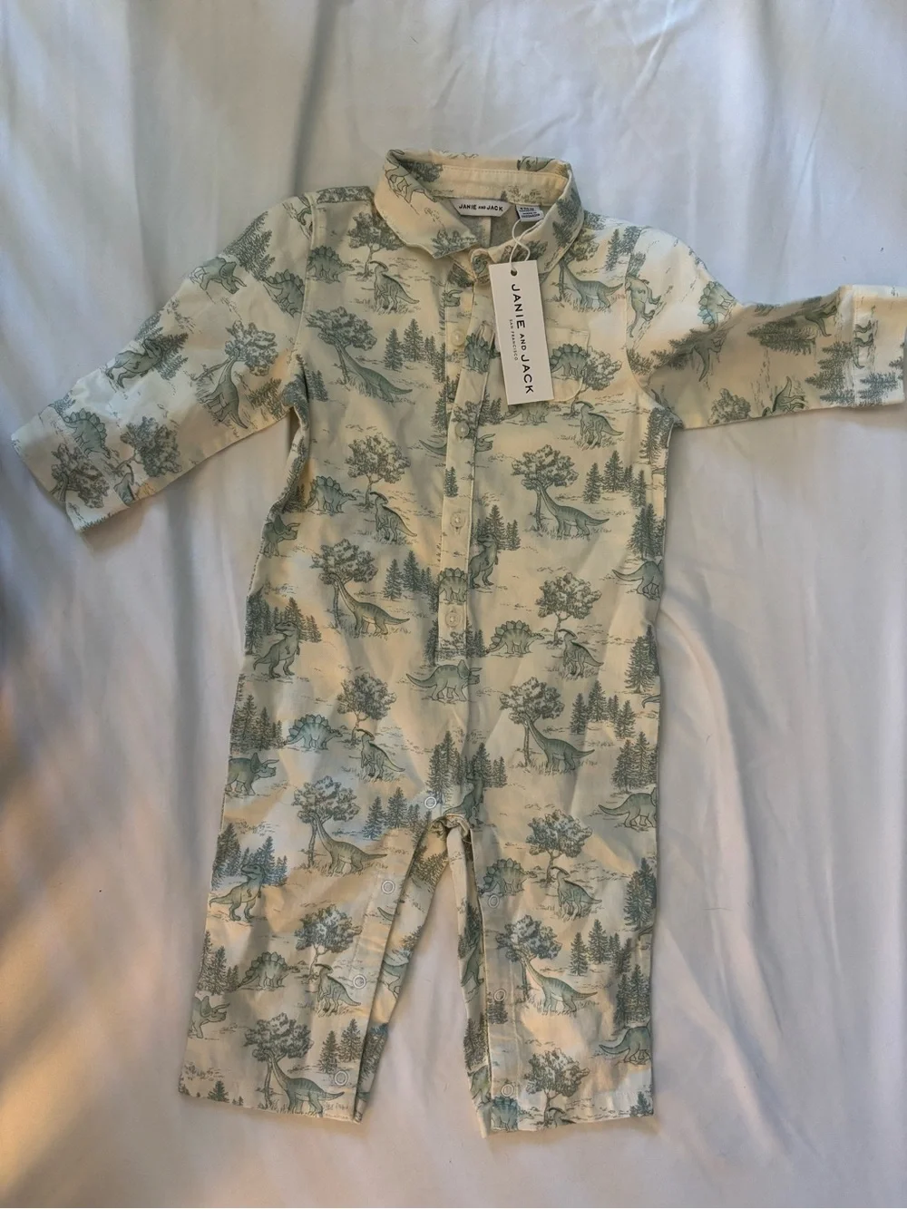 Janie and Jack Cream Unisex One-Piece with Green Dino Scene